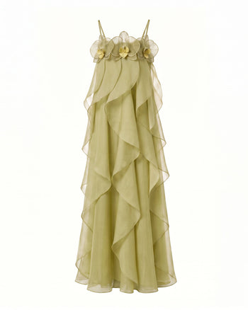 Robe longue en organza brodée d'orchidées - Vert clair