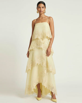 Robe longue superposée brodée d'orchidées - Jaune clair