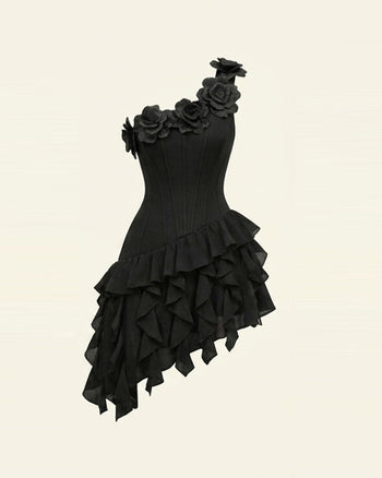 Mini-robe corset asymétrique à fleurs brodées - Noir