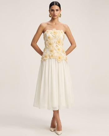 Robe midi bustier brodée de fleurs - Ivoire