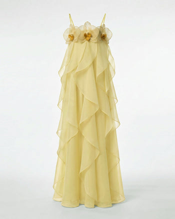 Robe longue en organza brodée d'orchidées - Jaune clair