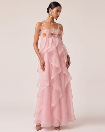 Robe longue en organza brodée d'orchidées - Rose poudré