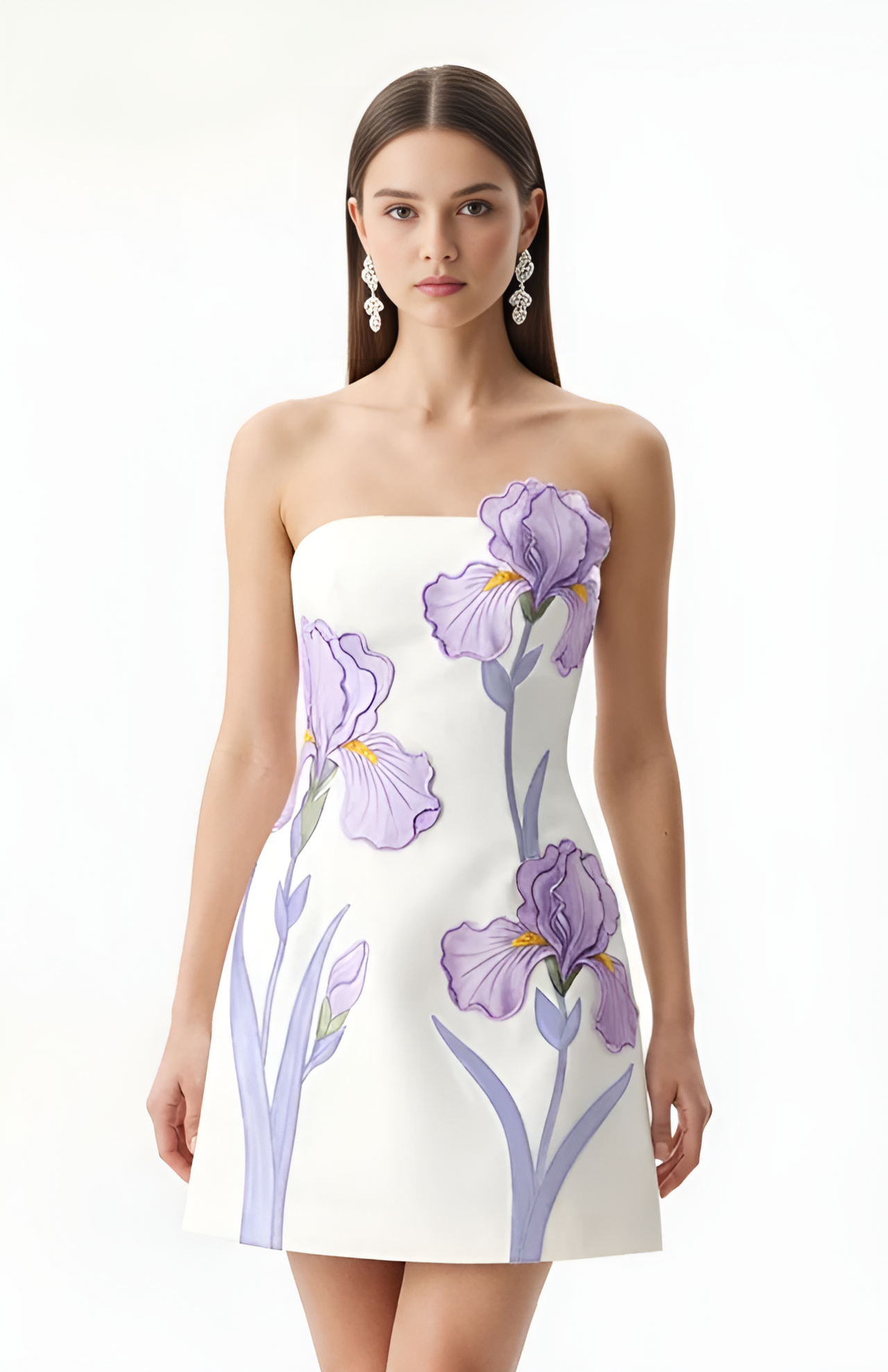 Robe courte sans bretelles à imprimé floral d'iris - Blanc