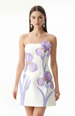 Robe courte sans bretelles à imprimé floral d'iris - Blanc