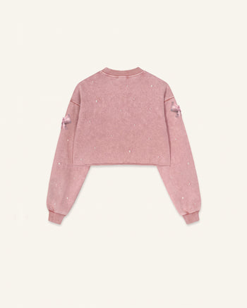 Sweat-shirt Coquette à nœud en satin 3D et perles - Rose vintage