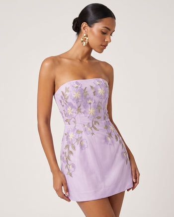 Robe courte bustier à broderies florales - Violet clair