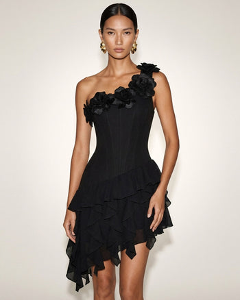 Mini-robe corset asymétrique à fleurs brodées - Noir