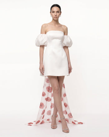 Mini-robe à manches bouffantes avec traîne et fleurs 3D en forme de coquelicot - Ivoire