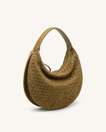 Nola Sac à bandoulière croissant tressé en faux daim - Vert olive