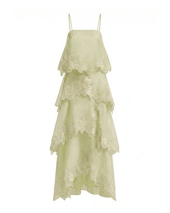 Robe longue superposée brodée d'orchidées - Vert clair