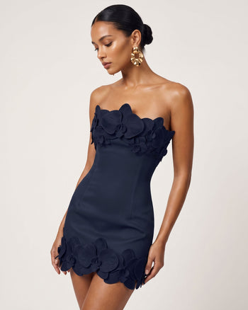 Robe courte bustier à garniture orchidée - Bleu foncé