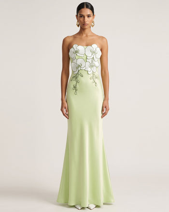 Robe longue fendue en satin sans bretelles avec fleurs 3D - Vert clair