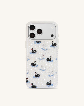Coque de téléphone cygne ornée de perles - Blanc