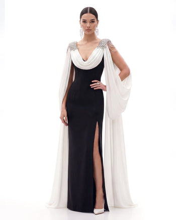 Robe longue cape épaules en cristal - Noir & Ivoire