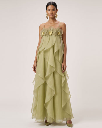 Robe longue en organza brodée d'orchidées - Vert clair