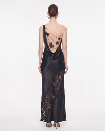 Robe longue en satin asymétrique à une épaule avec empiècement en dentelle - Noir