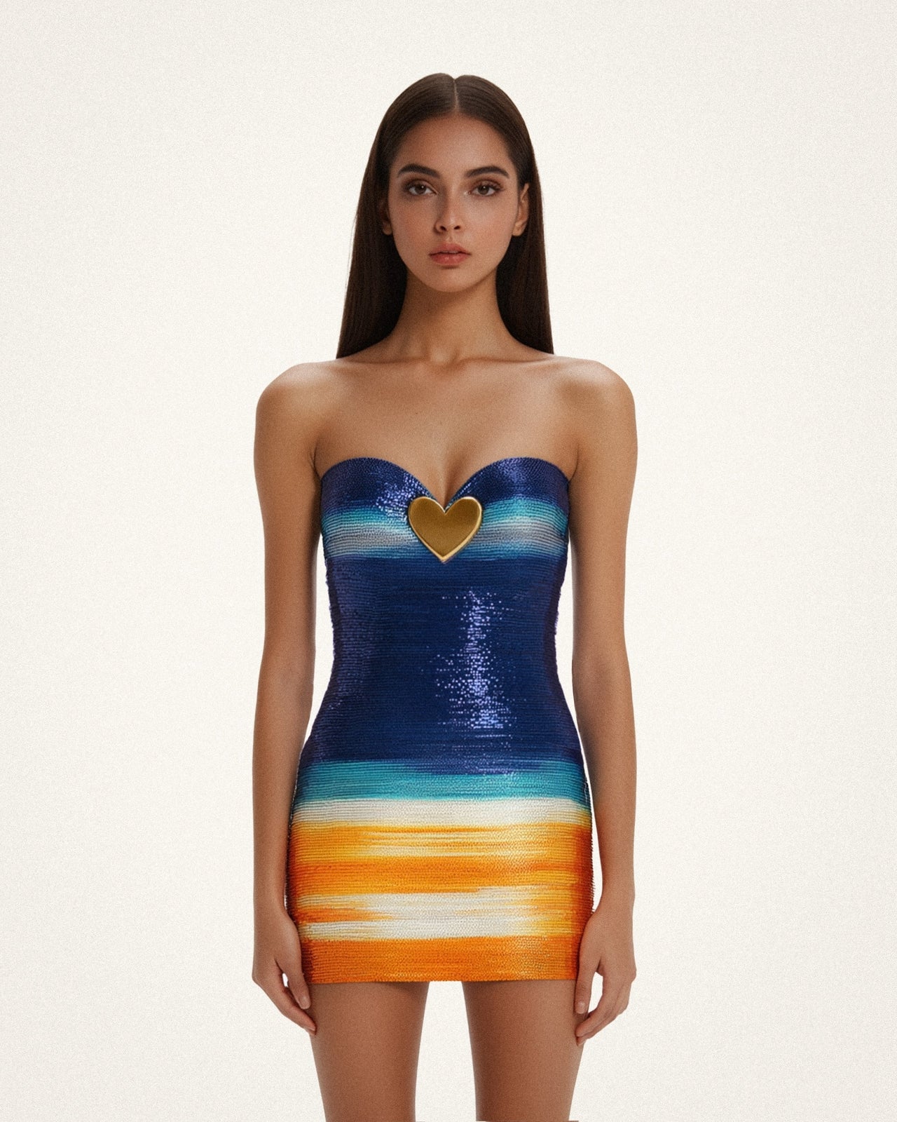 Robe Olivia à paillettes cœur métalliques – Bleu/Orange