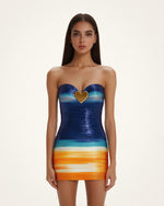 Robe Olivia à paillettes cœur métalliques – Bleu/Orange