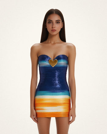 Robe Olivia à paillettes cœur métalliques – Bleu/Orange