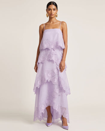 Robe longue superposée brodée d'orchidées - Violet clair