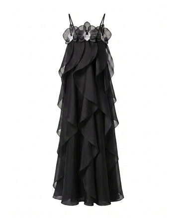 Robe longue en organza brodée d'orchidées - Noir