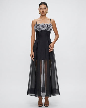 Robe longue superposée transparente à broderies florales - Noir