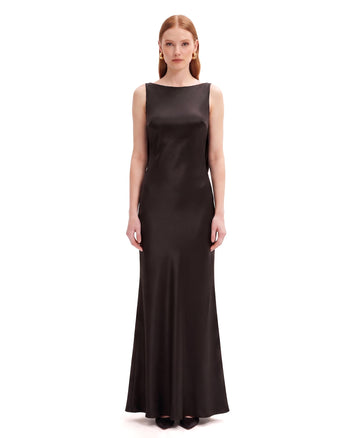 Robe longue fourreau en satin à dos bénitier avec application de tulipes - Noir