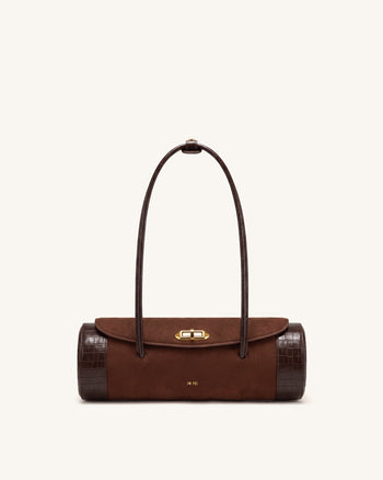 Maelis Sac baril en faux daim avec garniture façon croco - Marron foncé