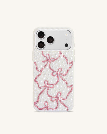 Coque de téléphone nœud ruban en perles et cristaux artificiels - Blanc