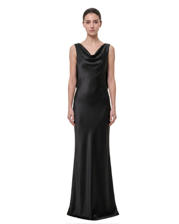 Calla Lily Robe satinée dos nu transparente dorée - Noir