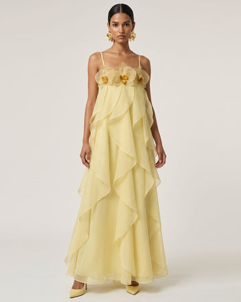 Robe longue en organza brodée d'orchidées - Jaune clair