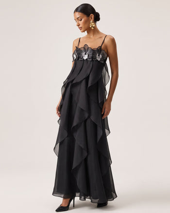 Robe longue en organza brodée d'orchidées - Noir