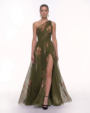 Robe longue fleurie à une épaule - Vert olive