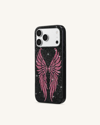 Coque de téléphone à strass ailes d'ange rose - Noir