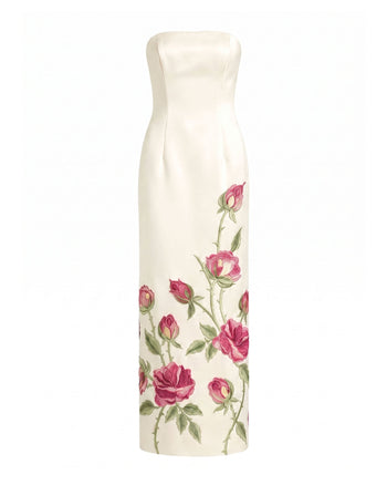 Robe longue sans bretelles avec broderies roses - Blanc pur