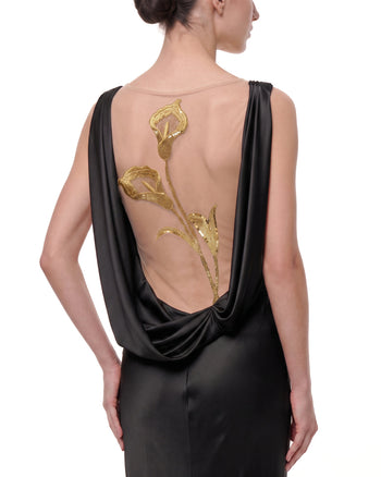 Calla Lily Robe satinée dos nu transparente dorée - Noir