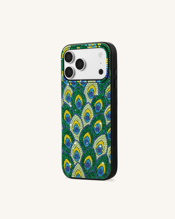 Coque de téléphone à strass motif plume de paon - Vert
