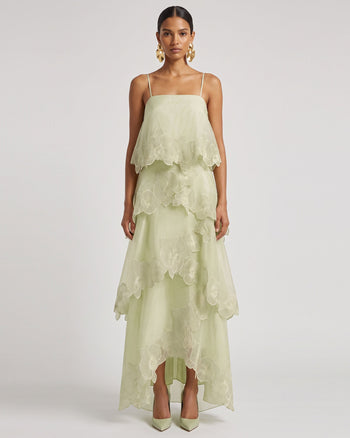 Robe longue superposée brodée d'orchidées - Vert clair