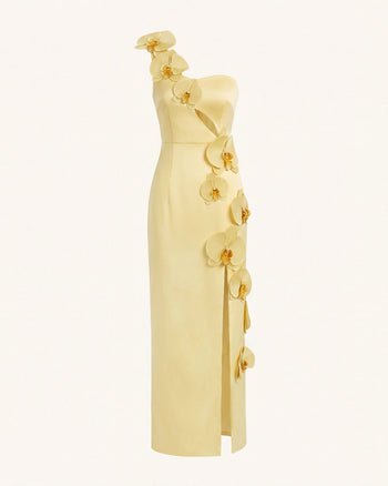 Robe longue à découpes et ornements orchidée - Jaune clair