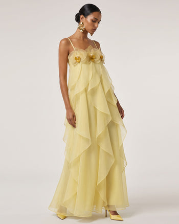 Robe longue en organza brodée d'orchidées - Jaune clair