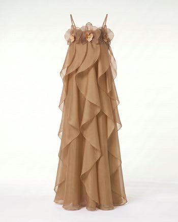 Robe longue en organza brodée d'orchidées - Marron clair