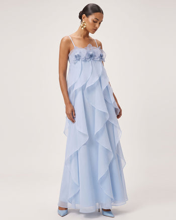 Robe longue en organza brodée d'orchidées - Bleu clair