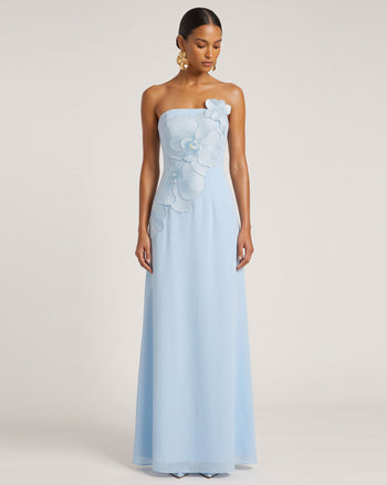 Robe longue bustier trapèze brodée d'orchidées - Bleu clair