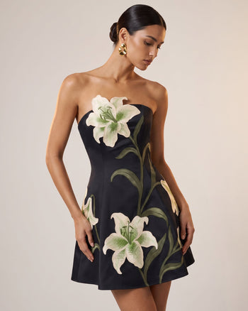 Lily Robe courte trapèze bustier à imprimé floral - Noir
