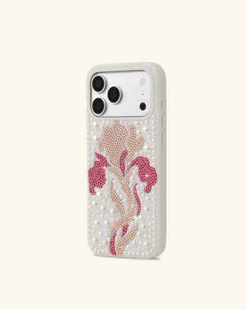 Coque de téléphone à motifs floraux, perles et cristaux artificiels - Blanc