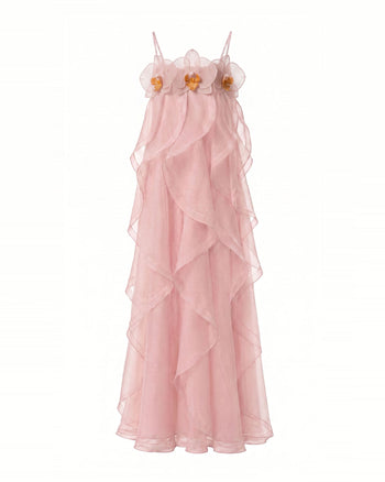 Robe longue en organza brodée d'orchidées - Rose poudré