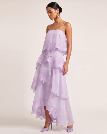 Robe longue superposée brodée d'orchidées - Violet clair