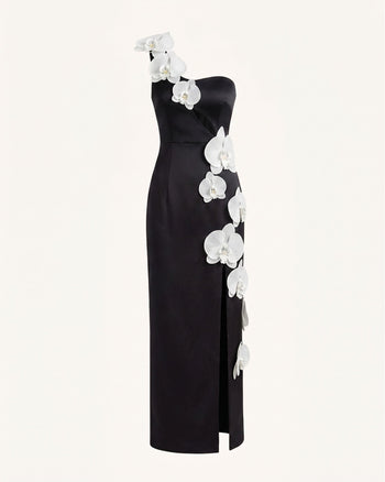 Robe longue à découpes et ornements orchidée - Noir