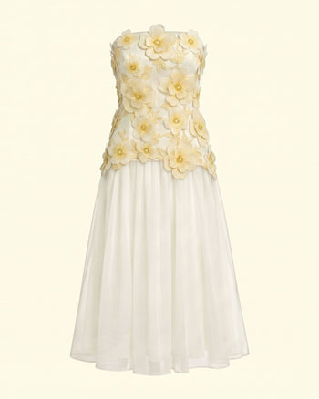 Robe midi bustier brodée de fleurs - Ivoire