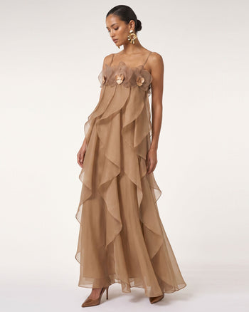 Robe longue en organza brodée d'orchidées - Marron clair